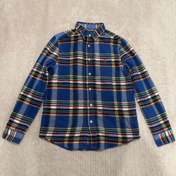 Polo Ralph Lauren boys Sz L/G 14/16 blue flannel plaid button down - Picture 1 of 8